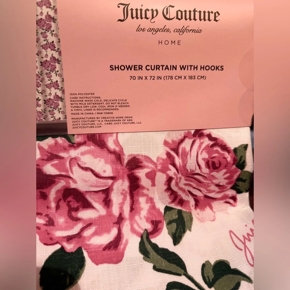 Juicy Couture Los Angeles NWT Beautiful Pink Rose Floral Shower Curtain & Hooks